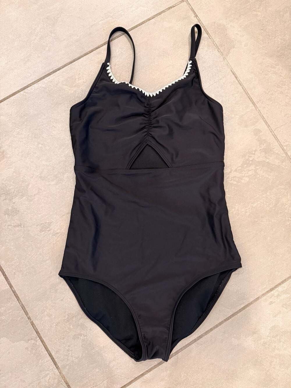 abercrombie kids Girls' Black One-Piece Swimsuit with White Shell Stitch Trim an
